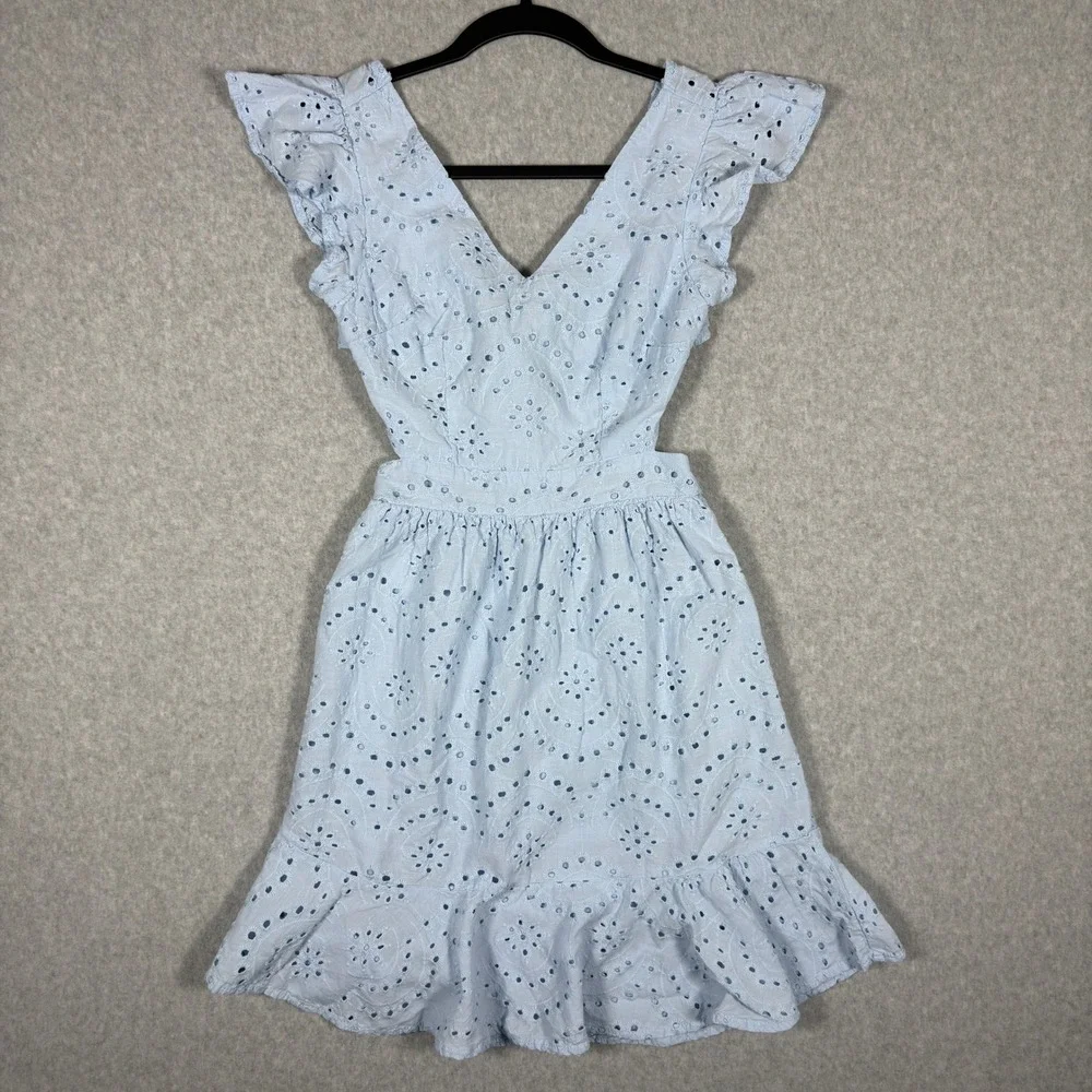 Jessica Simpson Light Blue Eyelet Cutout Ruffle Mini Dress Small Cotton